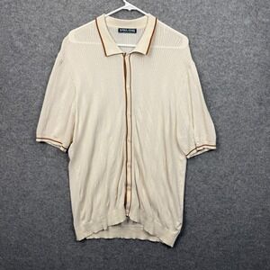 PJ Paul Jones Mens Cream Knit Button Down Polo Shirt Short Sleeve Brown Trim L